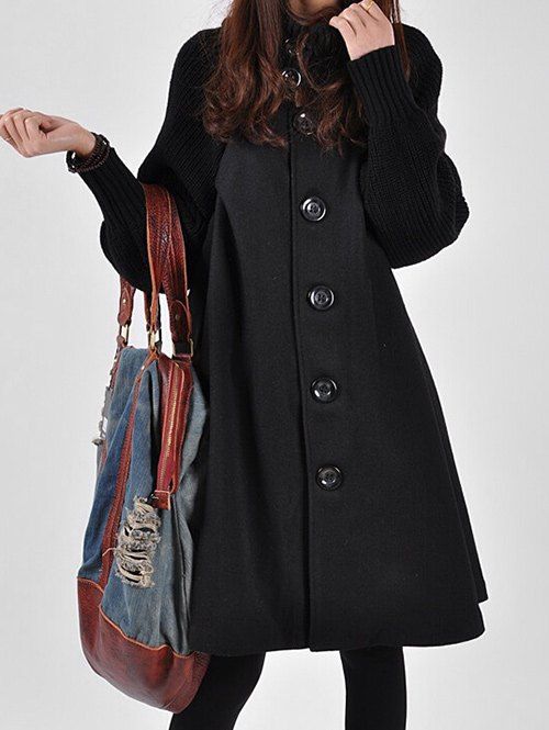 

Button Up Knit Sleeve Knee Length Coat, Black