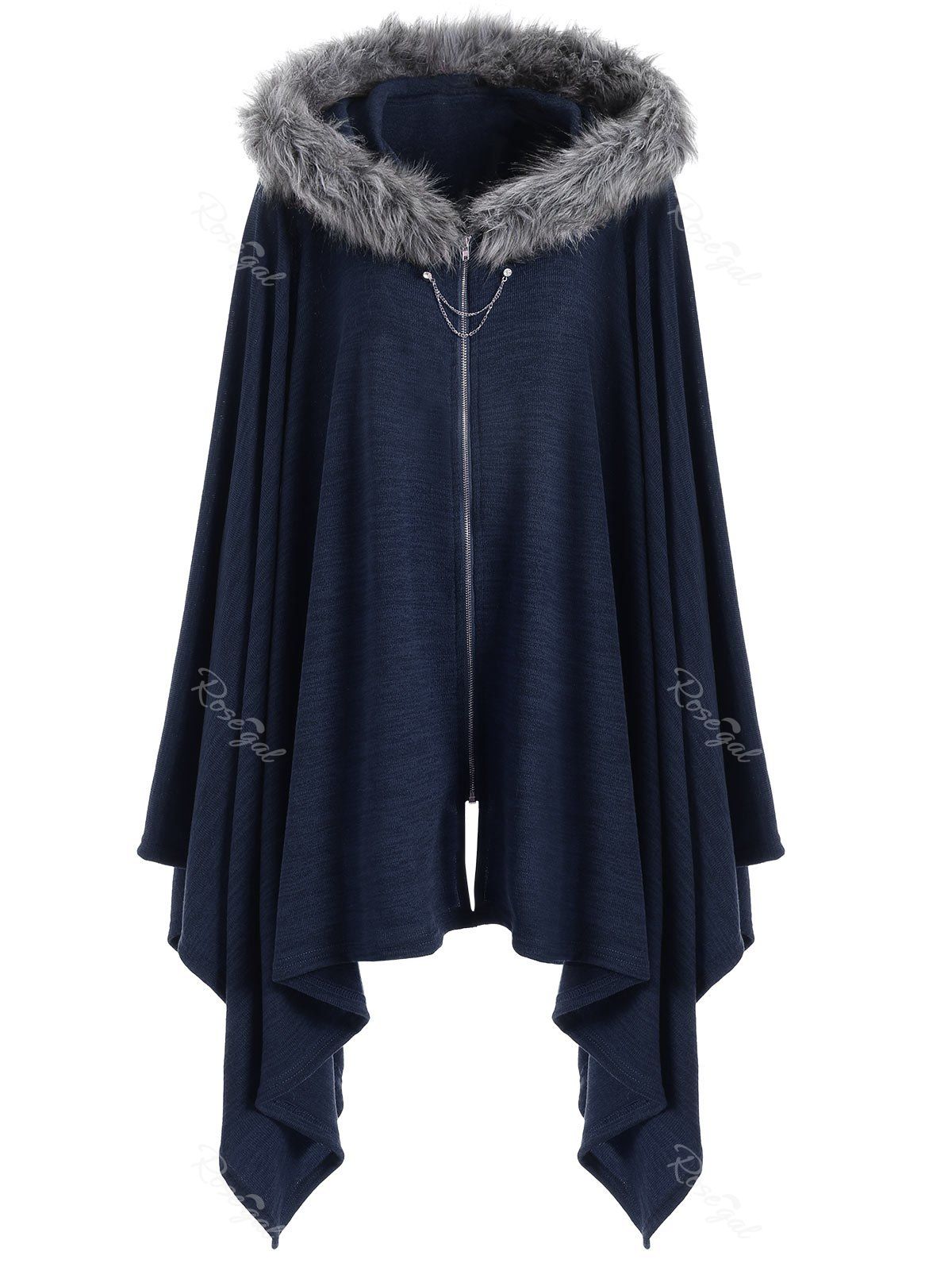 

Faux Fur Insert Plus Size Asymmetric Cape Coat, Blue