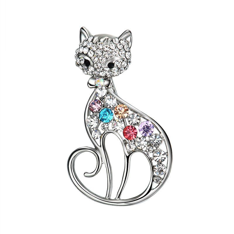

Hollow Out Rhinestone Cat Brooch, Silver