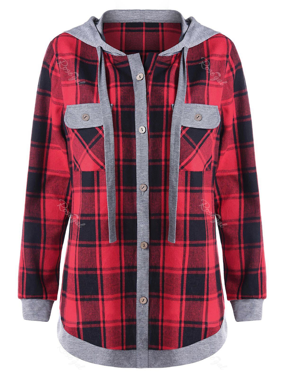 

Plus Size Double Pocket Long Sleeve Plaid Hoodie, Red