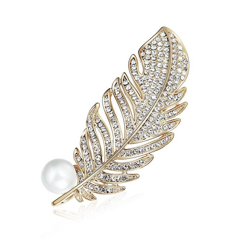 

Faux Pearl Rhinestone Feather Brooch, Golden