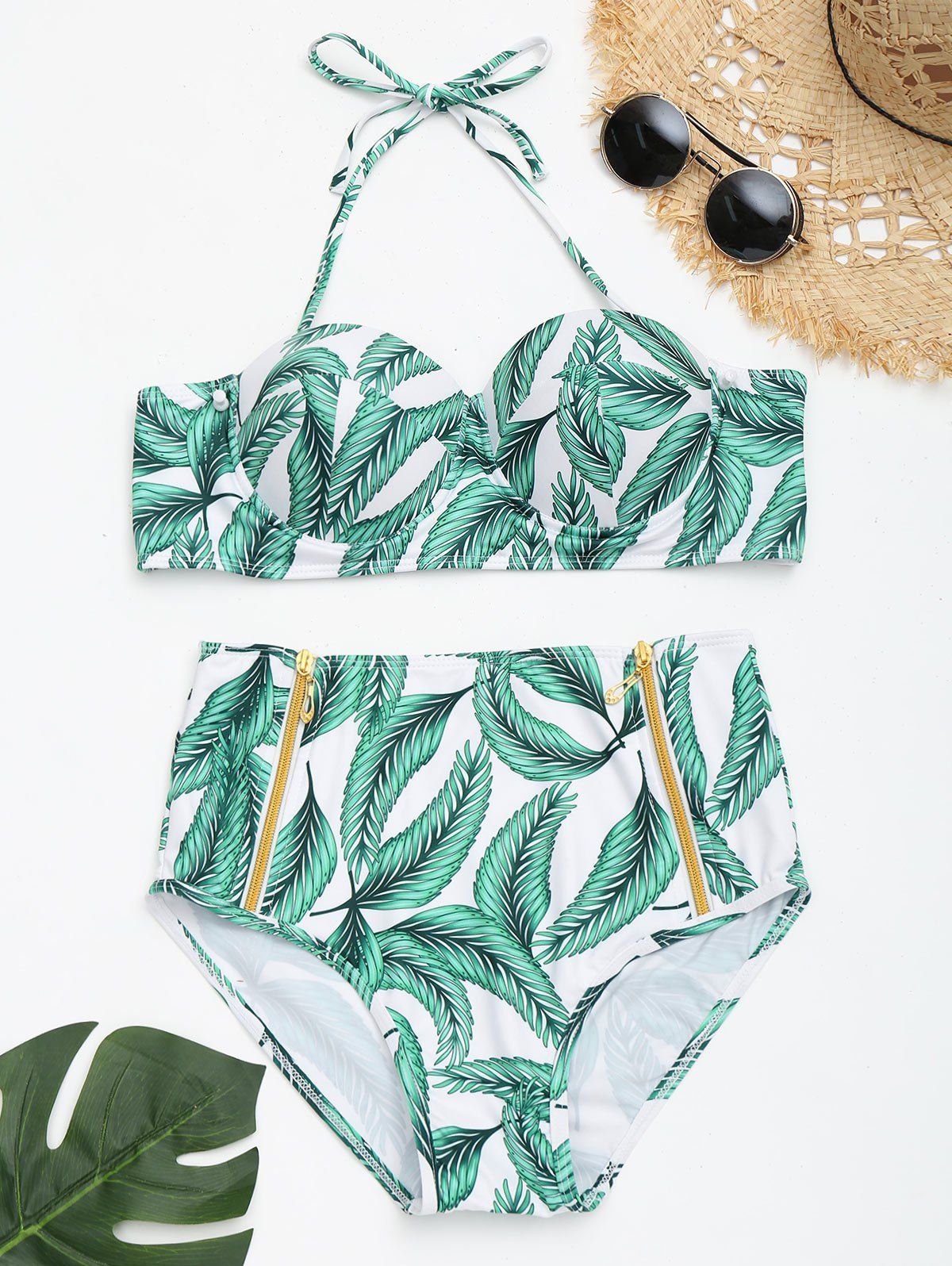 

Tropical Leaves Print Underwire Bikini Set, Green