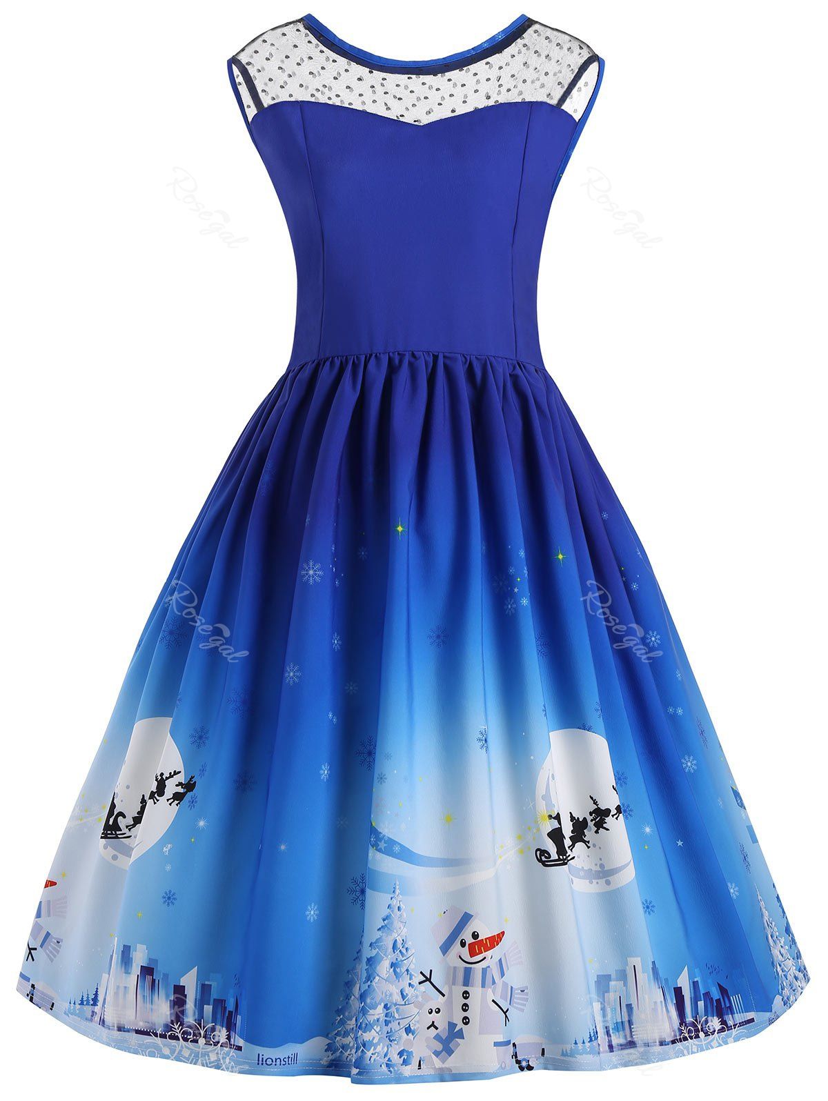 

Christmas Moon Snowman Sled Mesh Panel Dress, Blue
