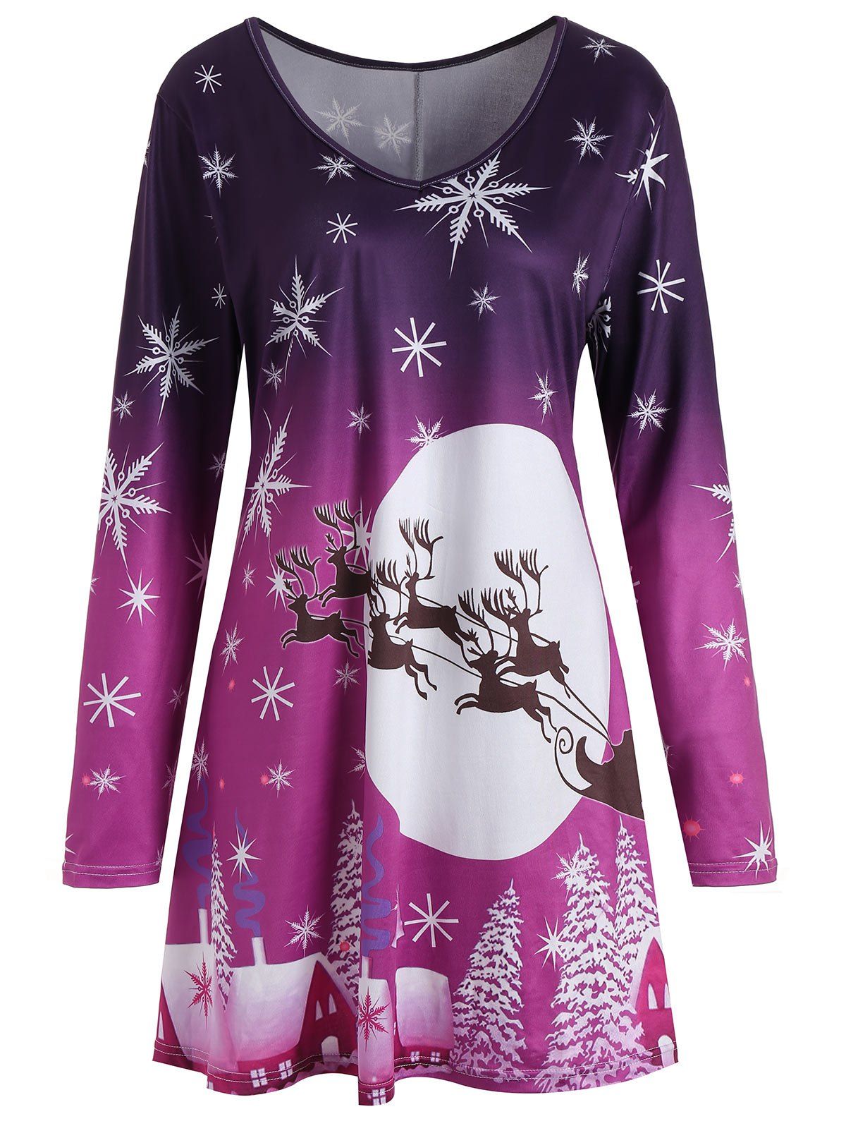 

Christmas Snowflake Sled Moon Print Plus Size T Shirt Dress, Purple