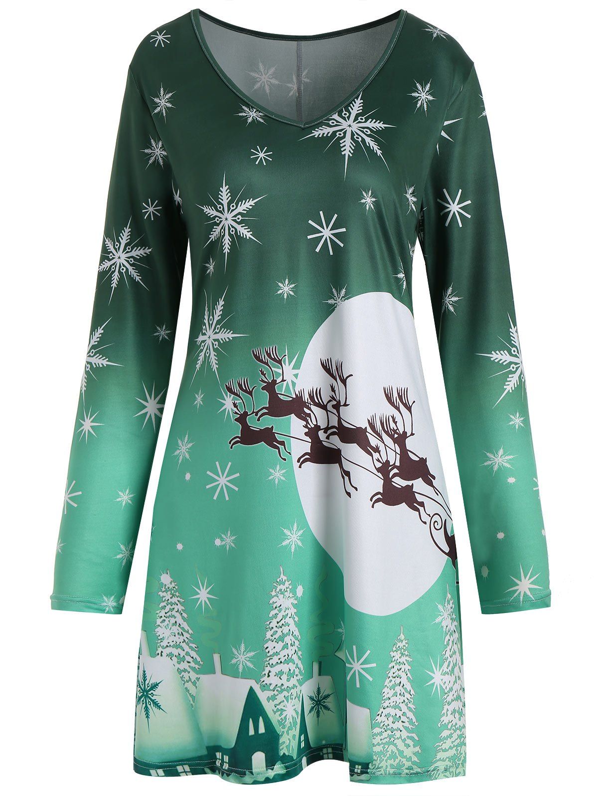 

Christmas Snowflake Sled Moon Print Plus Size T Shirt Dress, Green