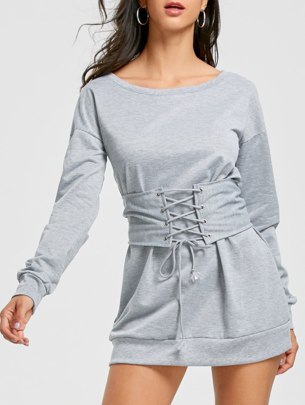 

Lace Up Corset Waist Long Sleeve Mini Dress, Gray