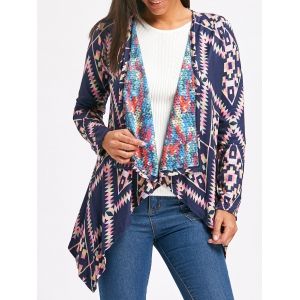 

Retro Style Collarless Long Sleeve Loose-Fitting Ethnic Print Women's Cardigan, Purplish blue