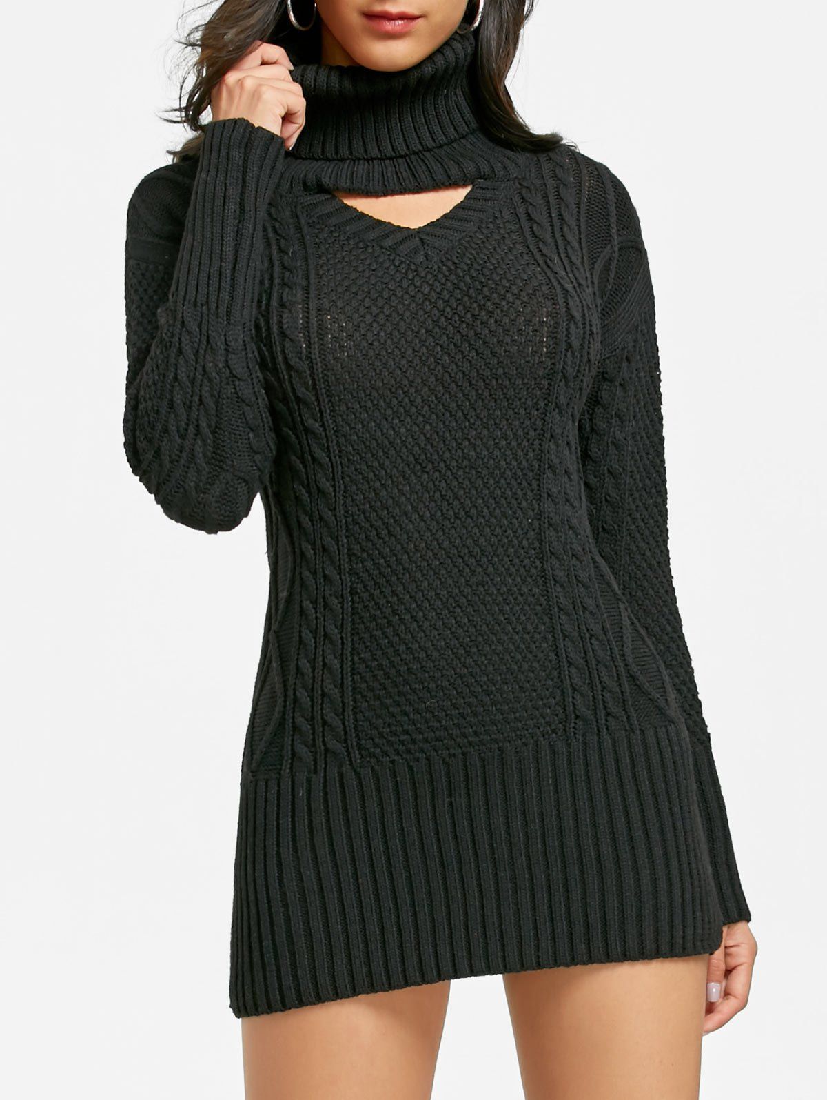 

Turtleneck Cut Out Mini Cable Knit Dress, Black