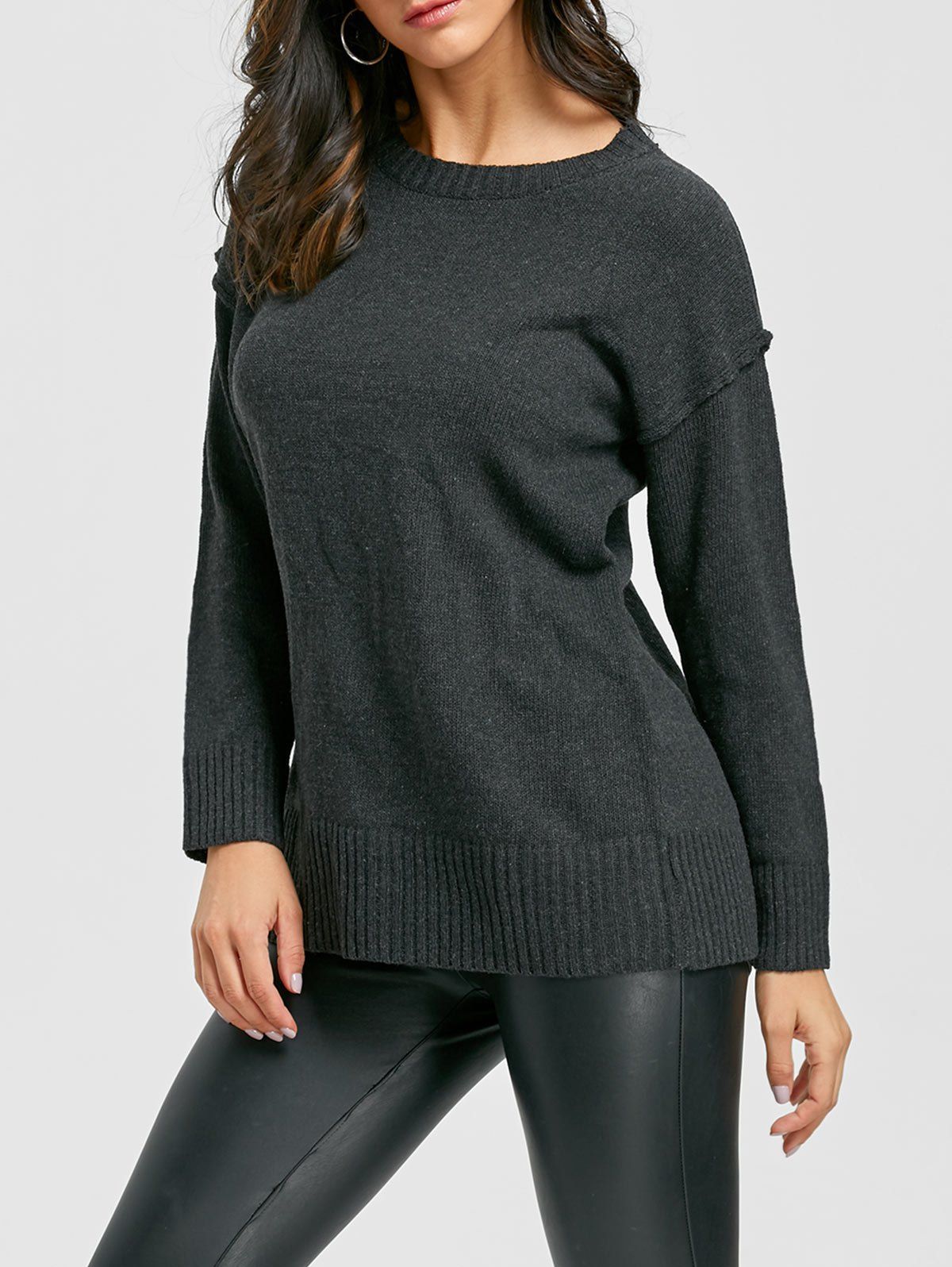 

Crew Neck Drop Shoulder Tunic Sweater, Black