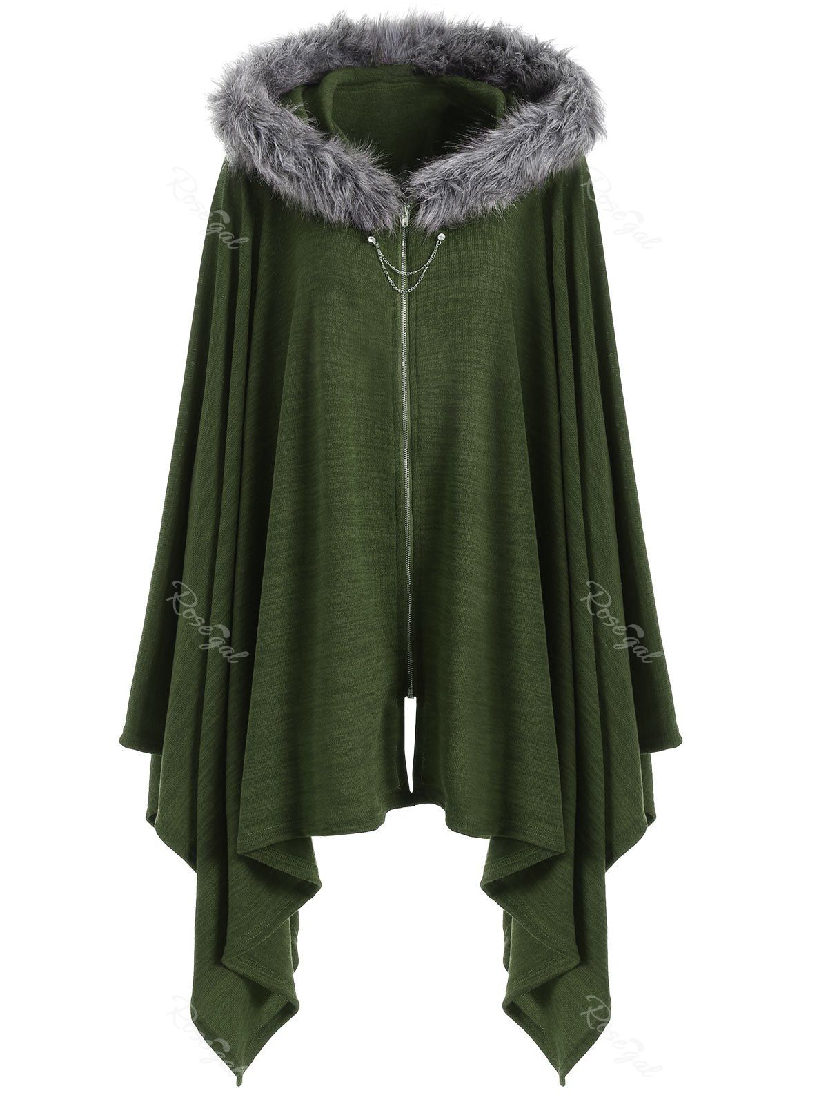 

Faux Fur Insert Plus Size Asymmetric Cape Coat, Army green