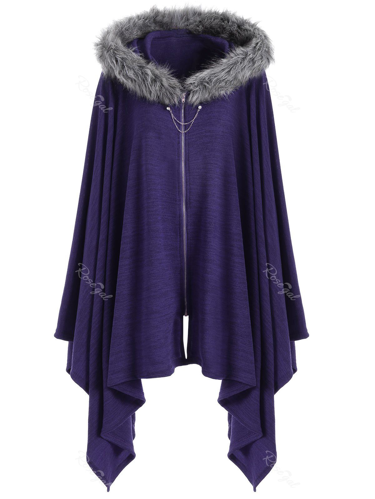 

Faux Fur Insert Plus Size Asymmetric Cape Coat, Purple