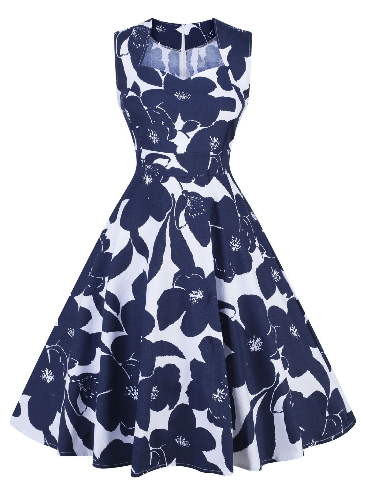 

Vintage Floral Print Pin Up Swing Dress, Blue and white