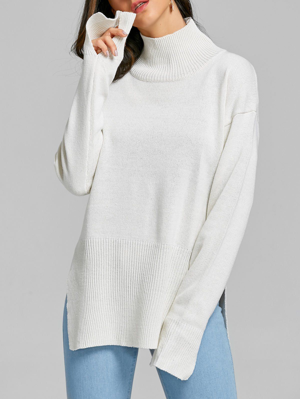 

High Neck Side Slit Tunic Sweater, White