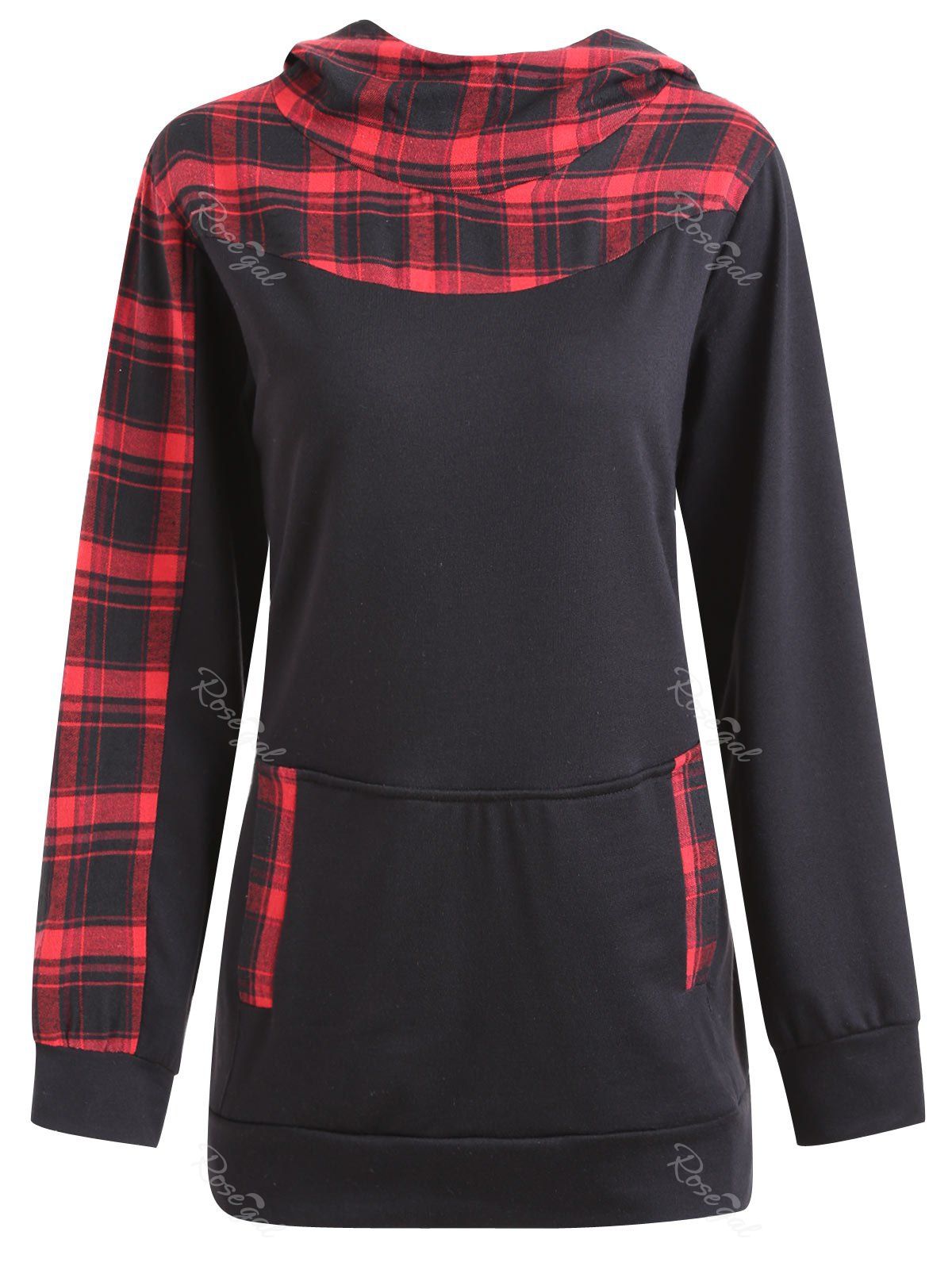 

Tartan Panel Plus Size Kangaroo Hoodie, Black
