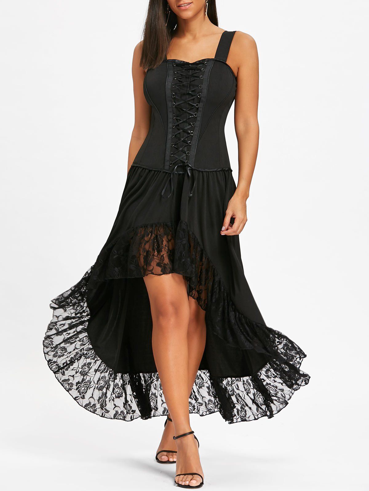 

Lace Up High Low Hem Swing Dress, Black