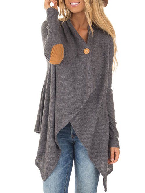 

Asymmetrical Elbow Patch Cardigan, Gray