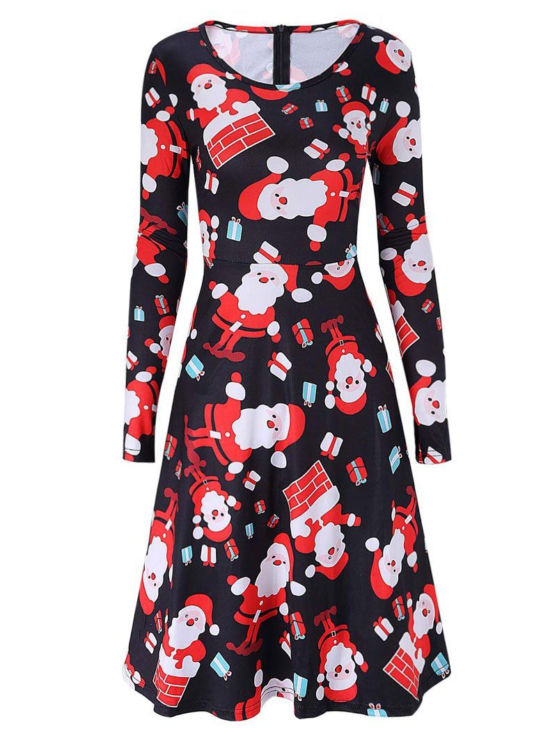 

Santa Claus Print Christmas Swing Dress, Black
