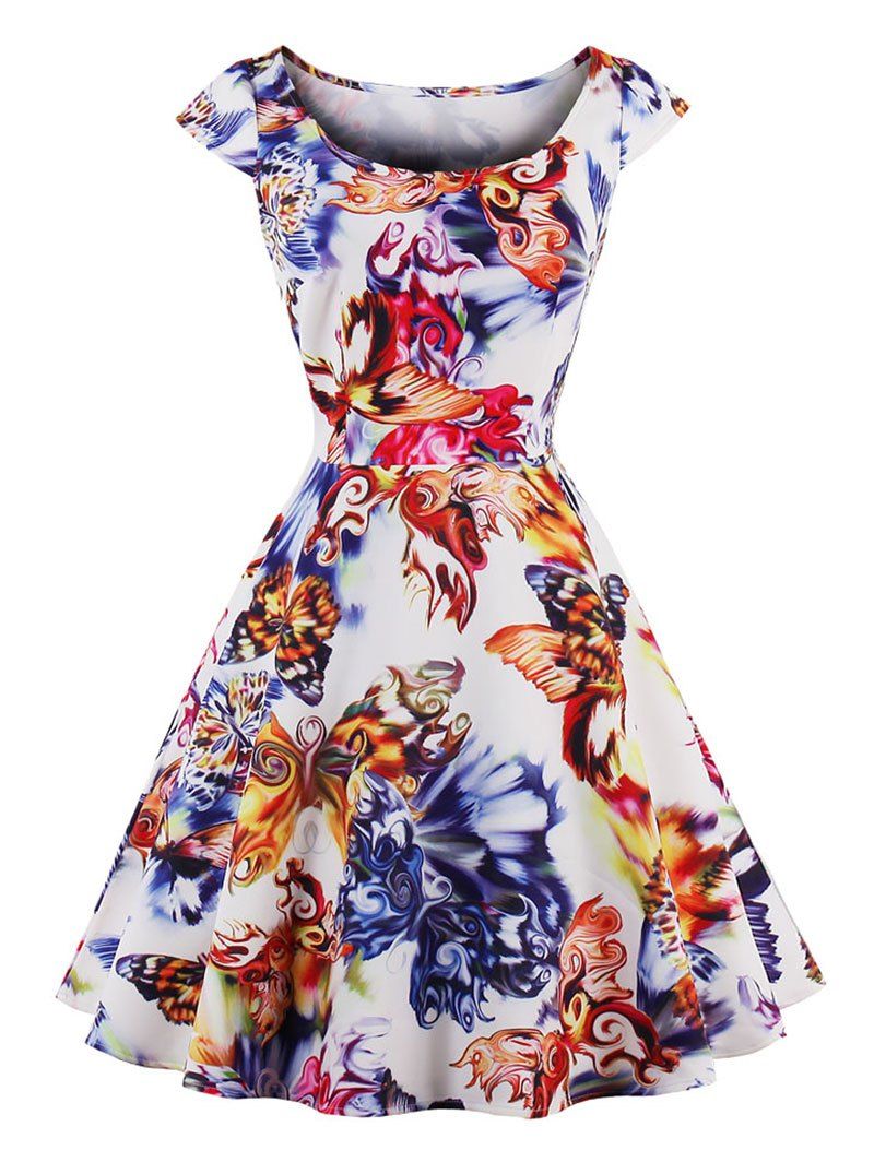 

Vintage Butterfly Printed Fit and Flare Party Dress, Floral
