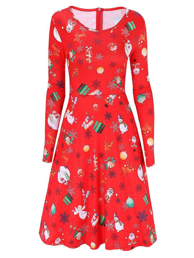 

Christmas Print Long Sleeve A Line Dress, Red
