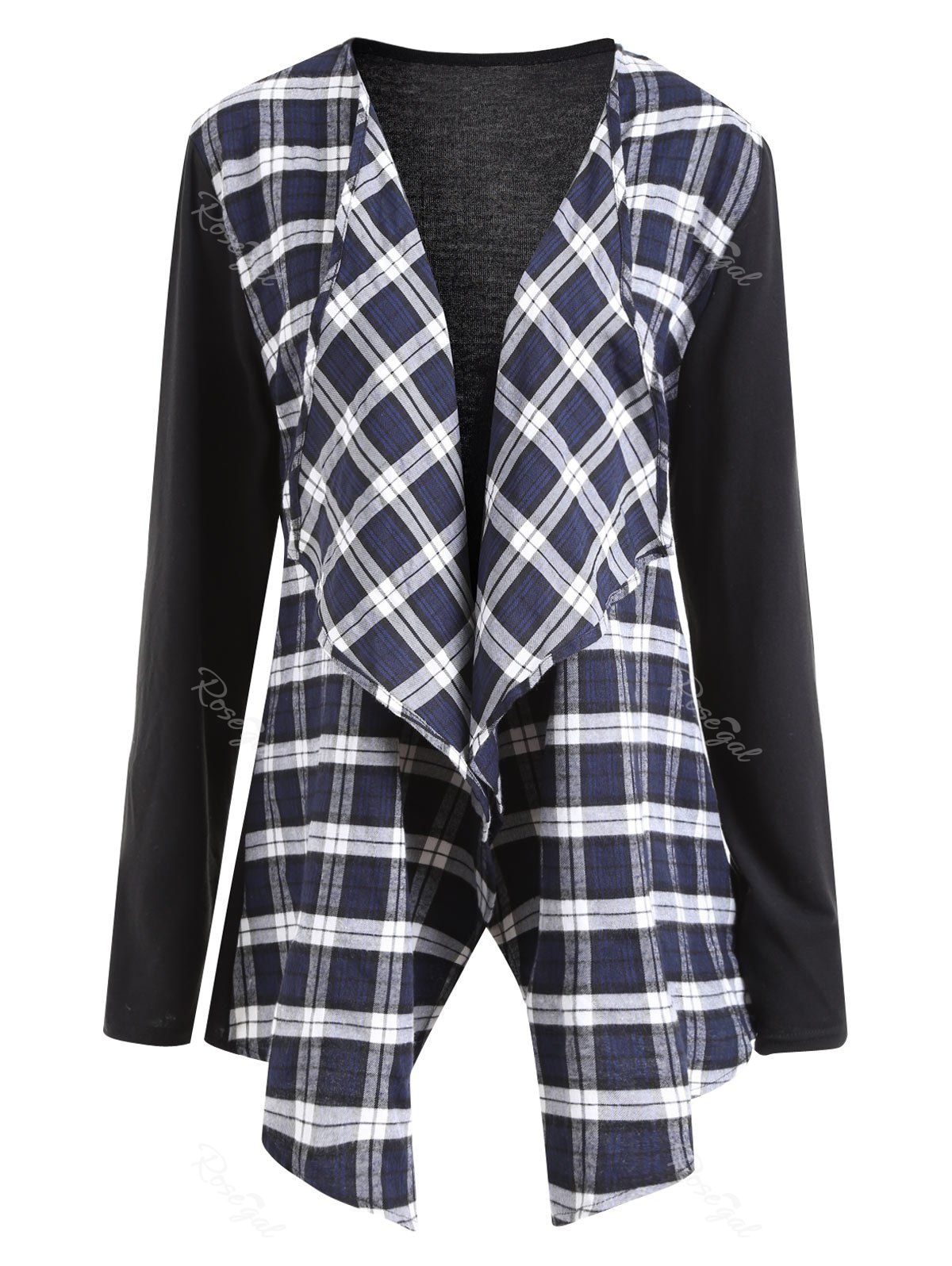 

Collarless Plus Size Plaid Panel Waterfall Jacket, Black