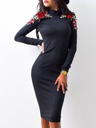 

Embroidery Long Sleeve Bodycon Dress, Black
