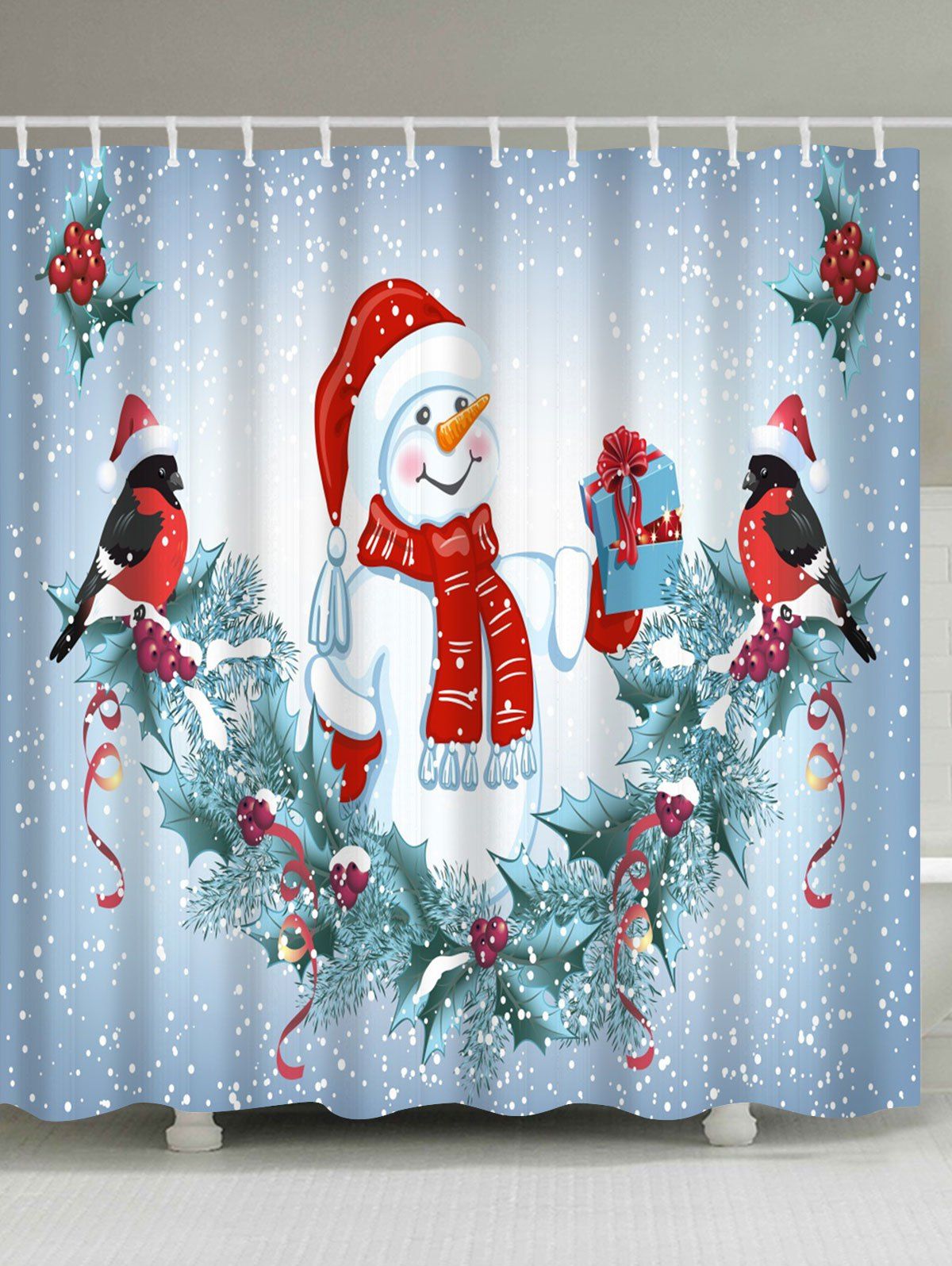 

Christmas Snowman Birds Print Waterproof Bathroom Shower Curtain, Colormix