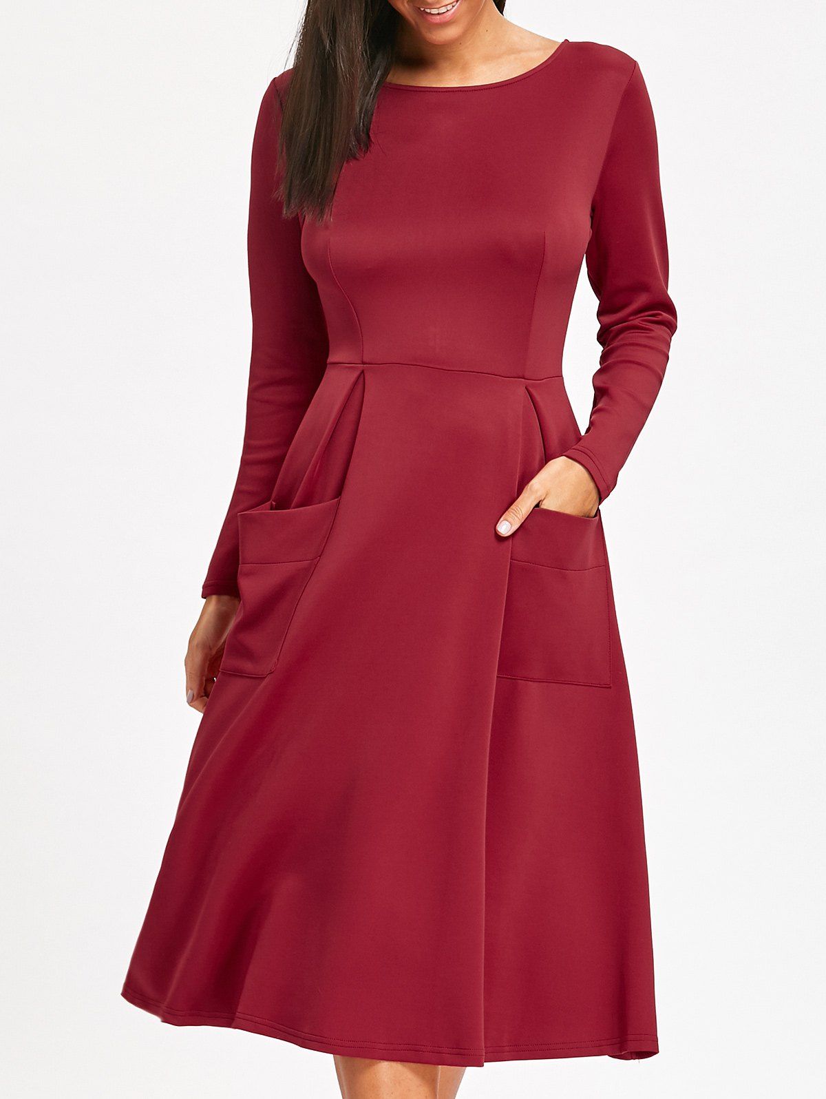 

Long Sleeve Pockets A Line Midi Dress, Wine red