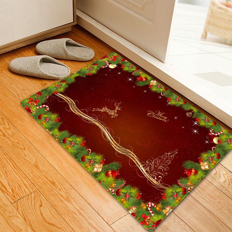 

Christmas Pine Branches Deer Pattern Anti-skid Water Absorption Area Rug, Deep red