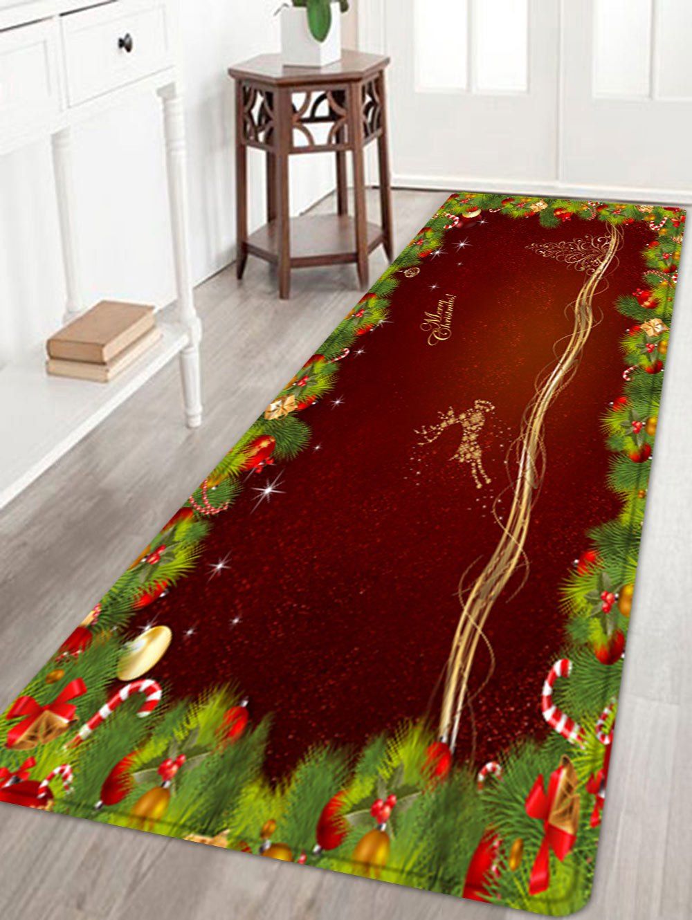 

Christmas Pine Branches Deer Pattern Anti-skid Water Absorption Area Rug, Deep red