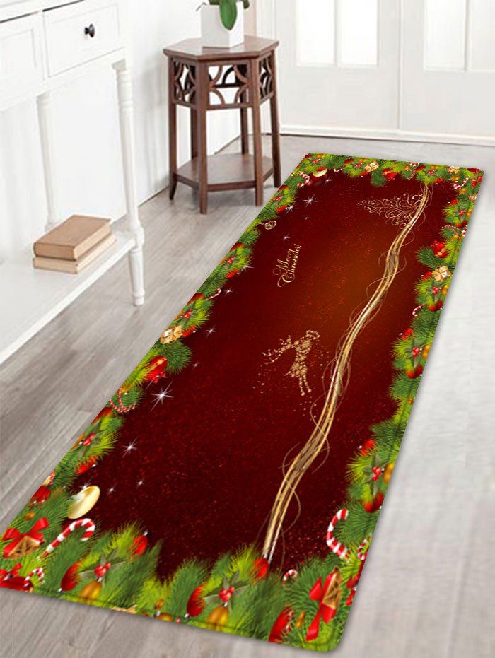 

Christmas Pine Branches Deer Pattern Anti-skid Water Absorption Area Rug, Deep red