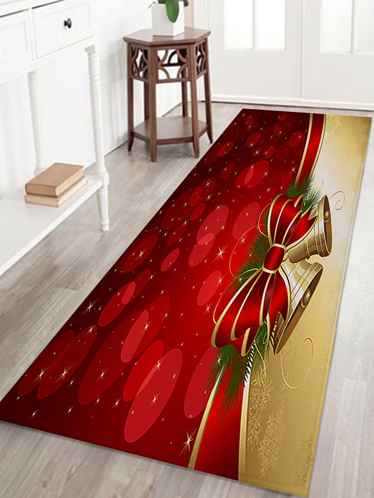 

Christmas Bell Print Skidproof Coral Fleece Bath Rug, Red