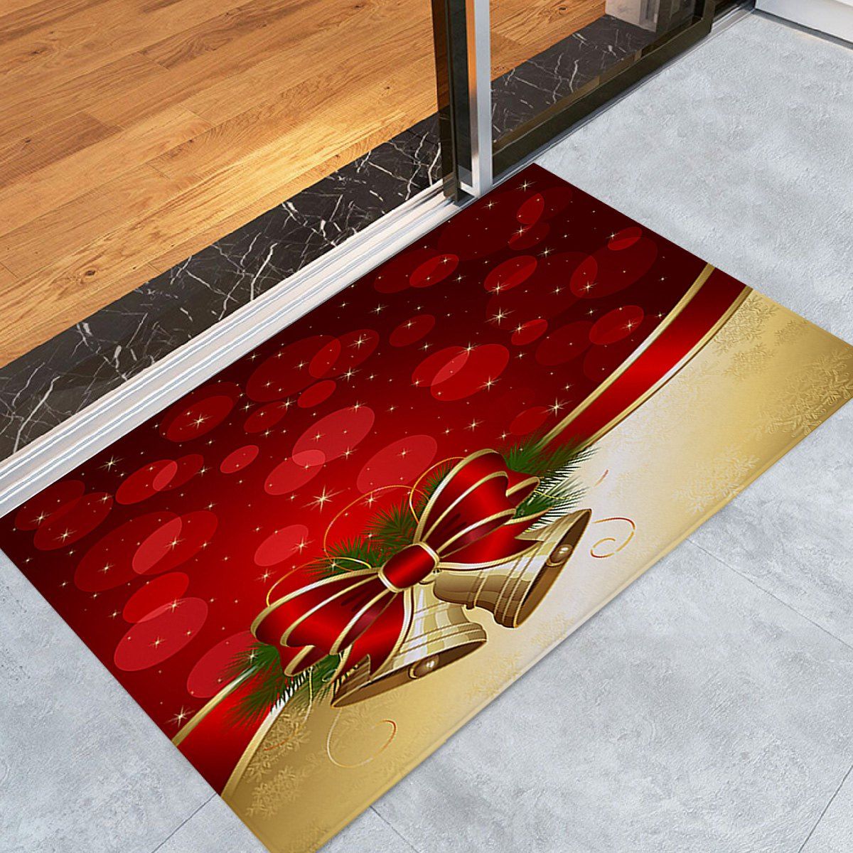 

Christmas Bell Print Skidproof Coral Fleece Bath Rug, Red