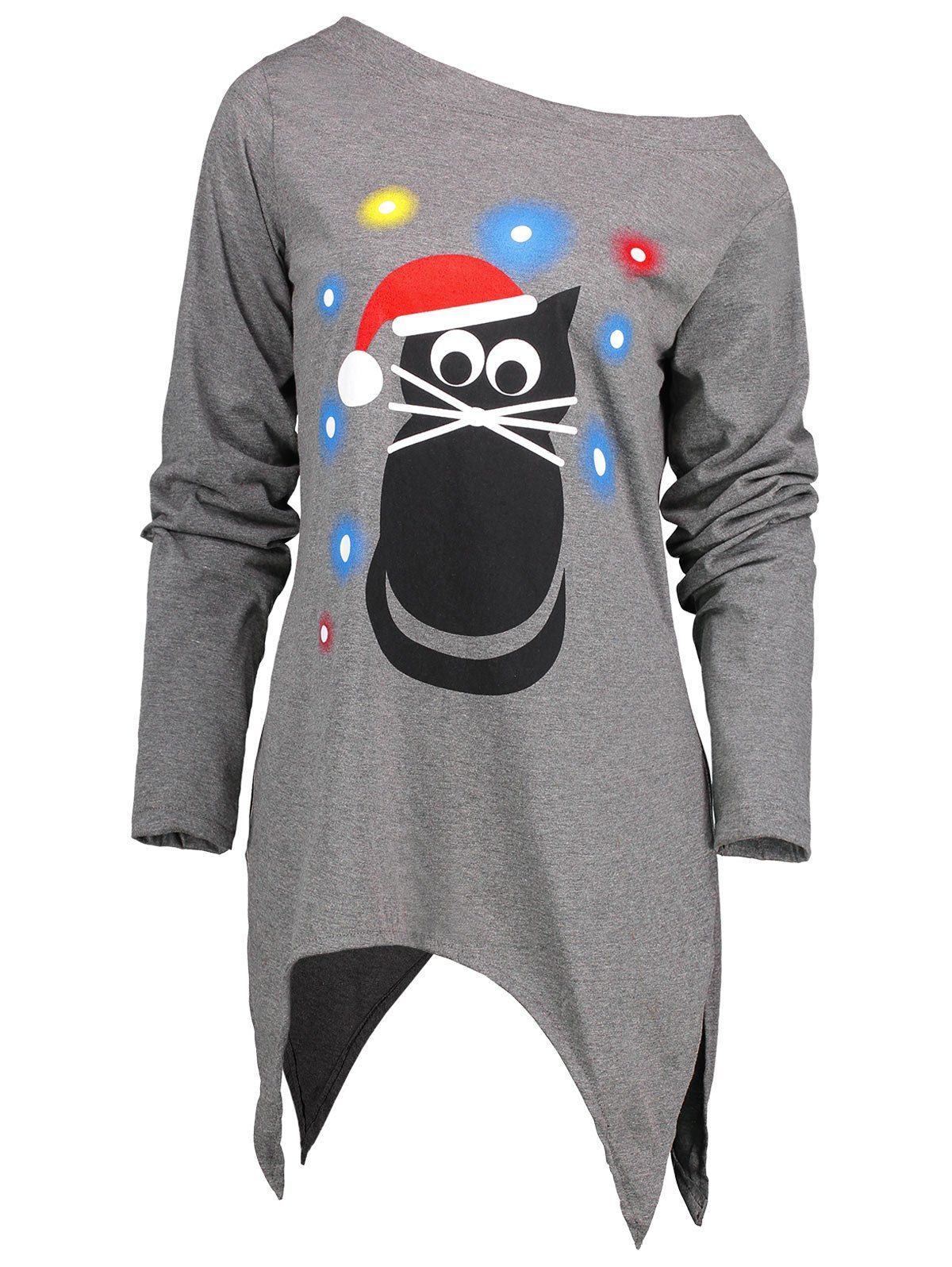 

Christmas Cat Print Skew Neck Asymmetric Top, Gray