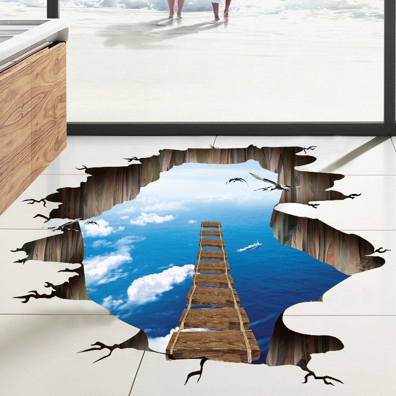 

Sky Sea Broken Bridge Pattern PVC 3D Removable Floor Wall Decal, Colormix