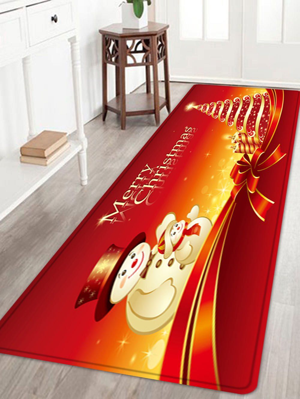 

Christmas Tree Snowmen Pattern Anti-skid Water Absorption Area Rug, Red