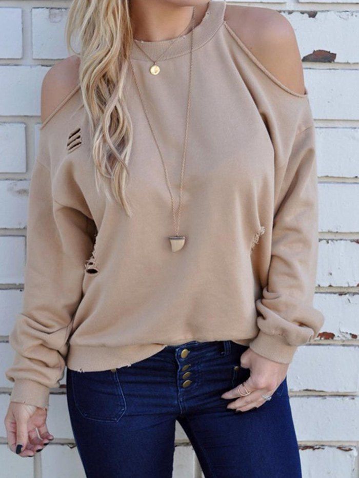 

Ripped Cold Shoulder Pullover Sweatshirt, Khaki