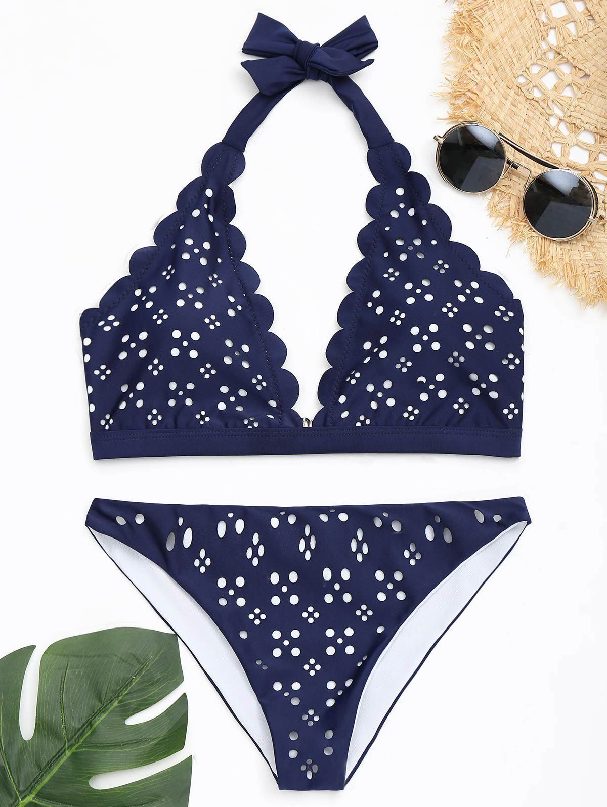 

Scalloped Trim Halter Bikini Set, Cerulean
