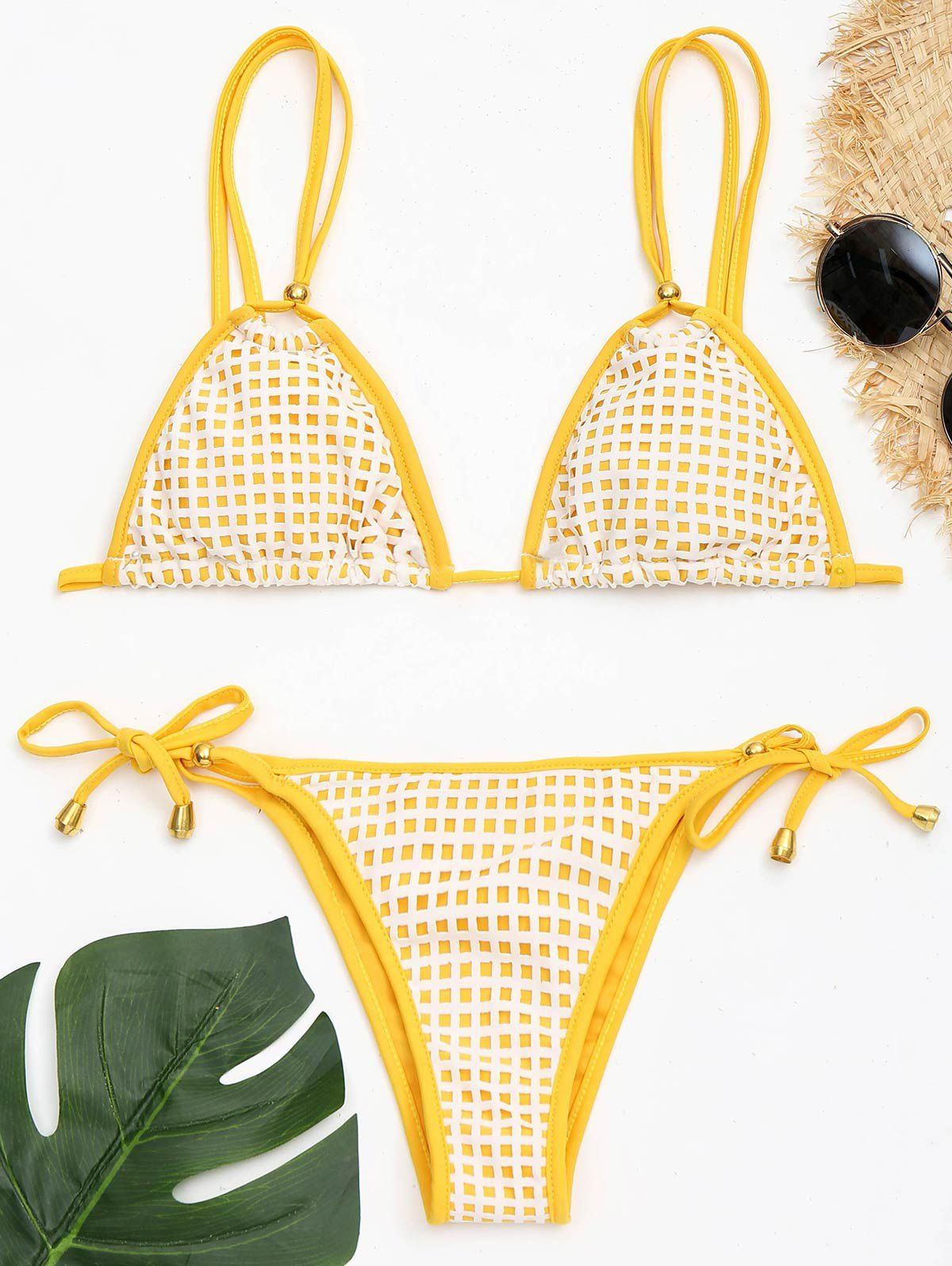 

Tied Openwork Low Waist Bikini Set, White and yellow
