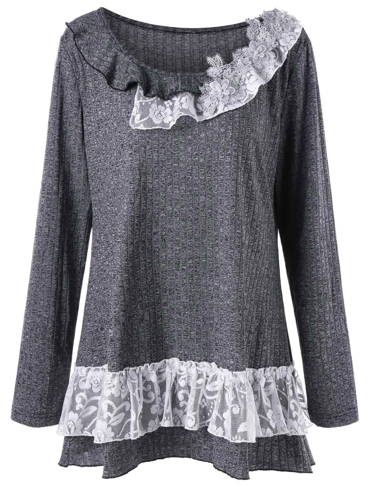 

Plus Size Flounced Lace Trim Tunic Top, Deep gray