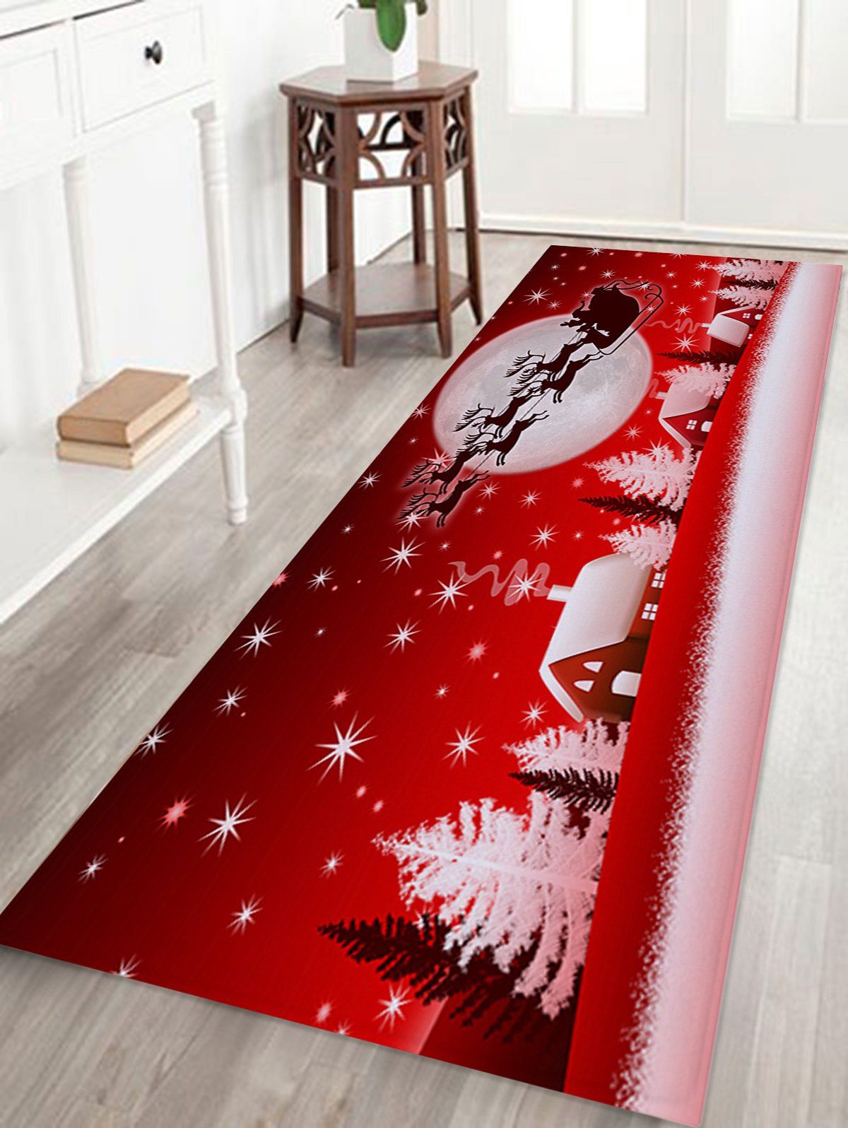 

Christmas Sled Moon Print Coral Fleece Antiskid Bath Rug, Red