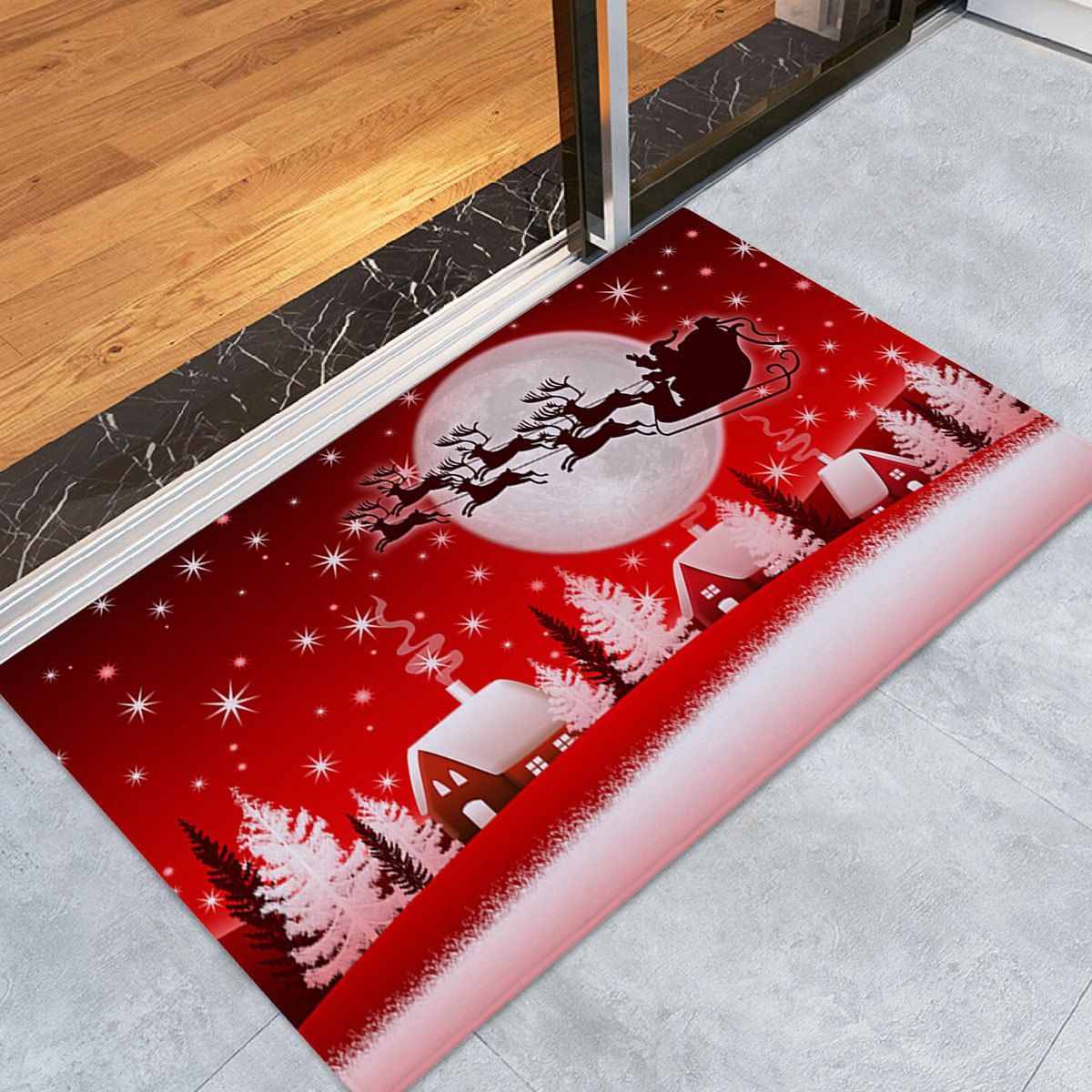 

Christmas Sled Moon Print Coral Fleece Antiskid Bath Rug, Red