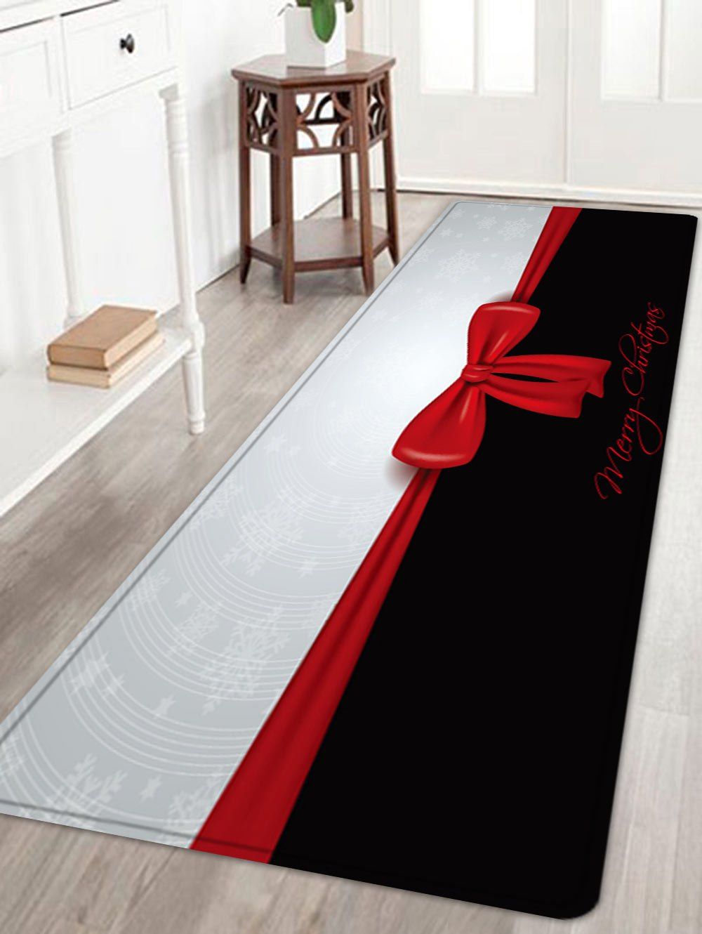 

Merry Christmas Bowknot Pattern Anti-skid Water Absorption Area Rug, Black white