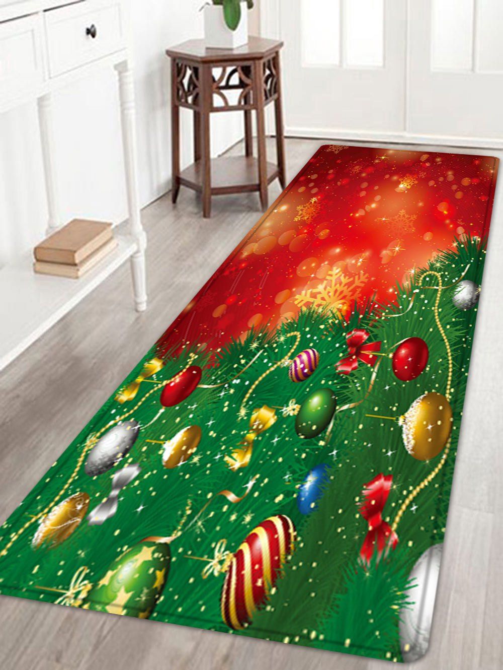 

Christmas Pine Tree Baubles Pattern Anti-skid Water Absorption Area Rug, Red