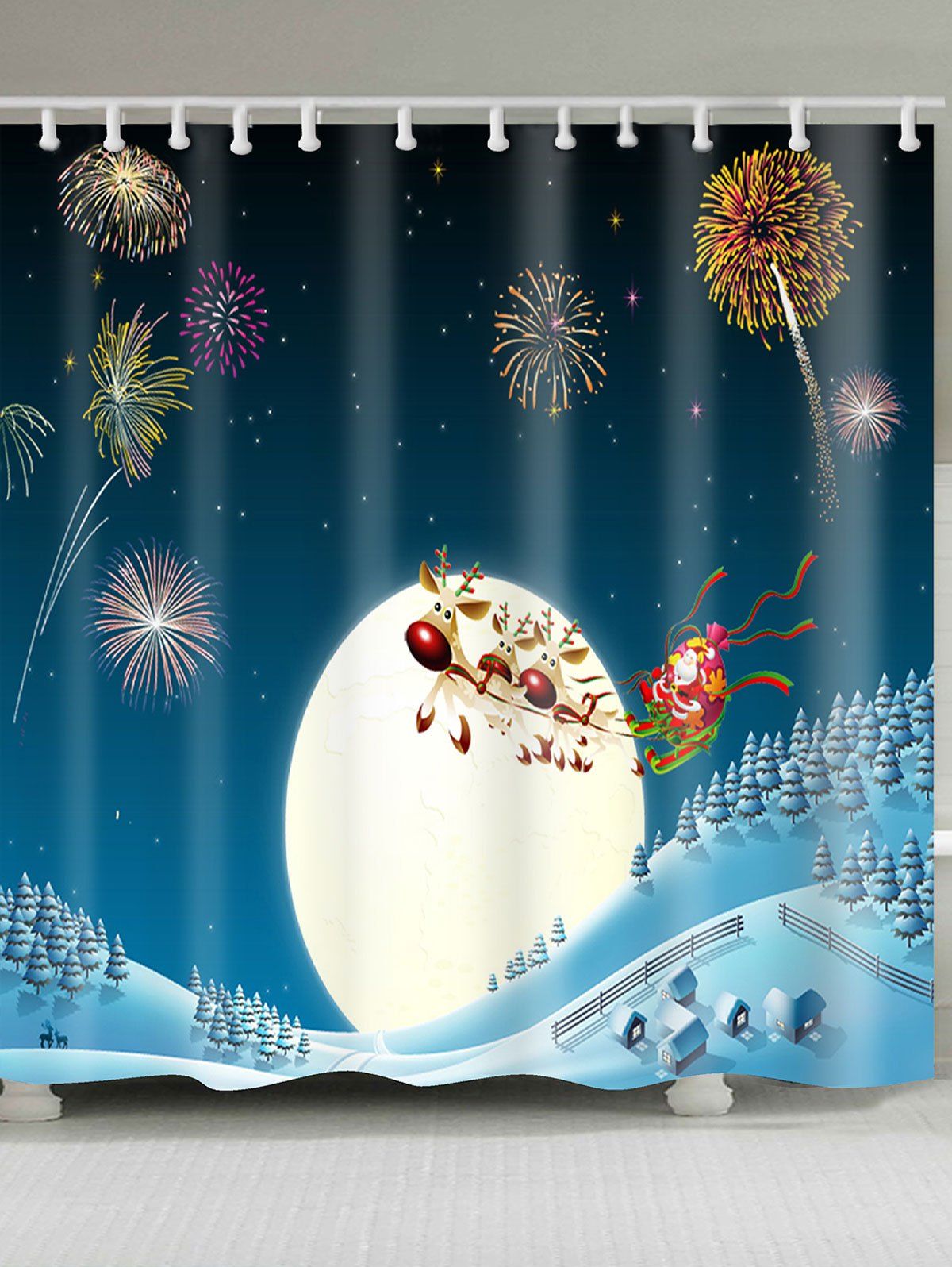 

Fireworks and Christmas Carriage Printed Waterproof Shower Curtain, Colorful