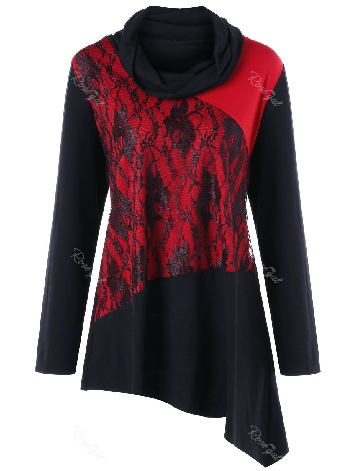 

Plus Size Two Tone Lace Panel Asymmetrical Top, Red with black