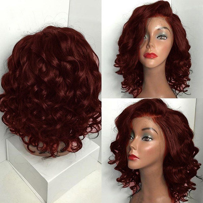 

Short Side Parting Fluffy Body Wave Bob Synthetic Wig, Wine red