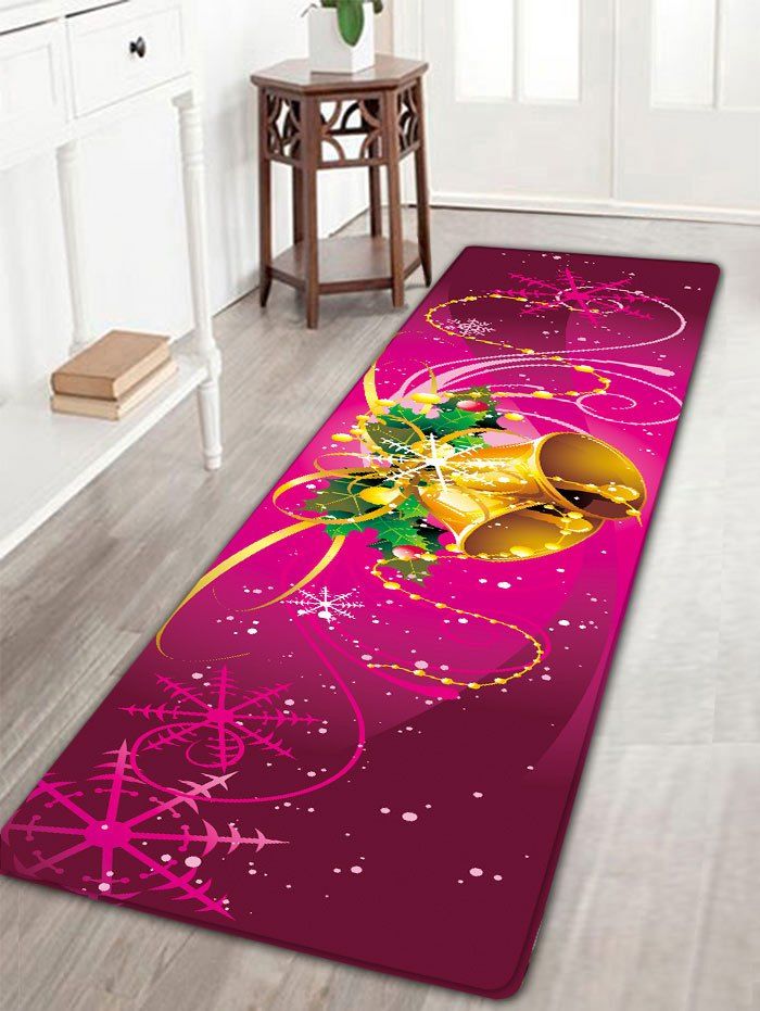 

Christmas Bell Snowflake Print Skidproof Flannel Bath Rug, Rose red