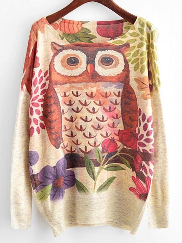 

Flower and Owl Print Dolman Sleeve Knitwear, Beige