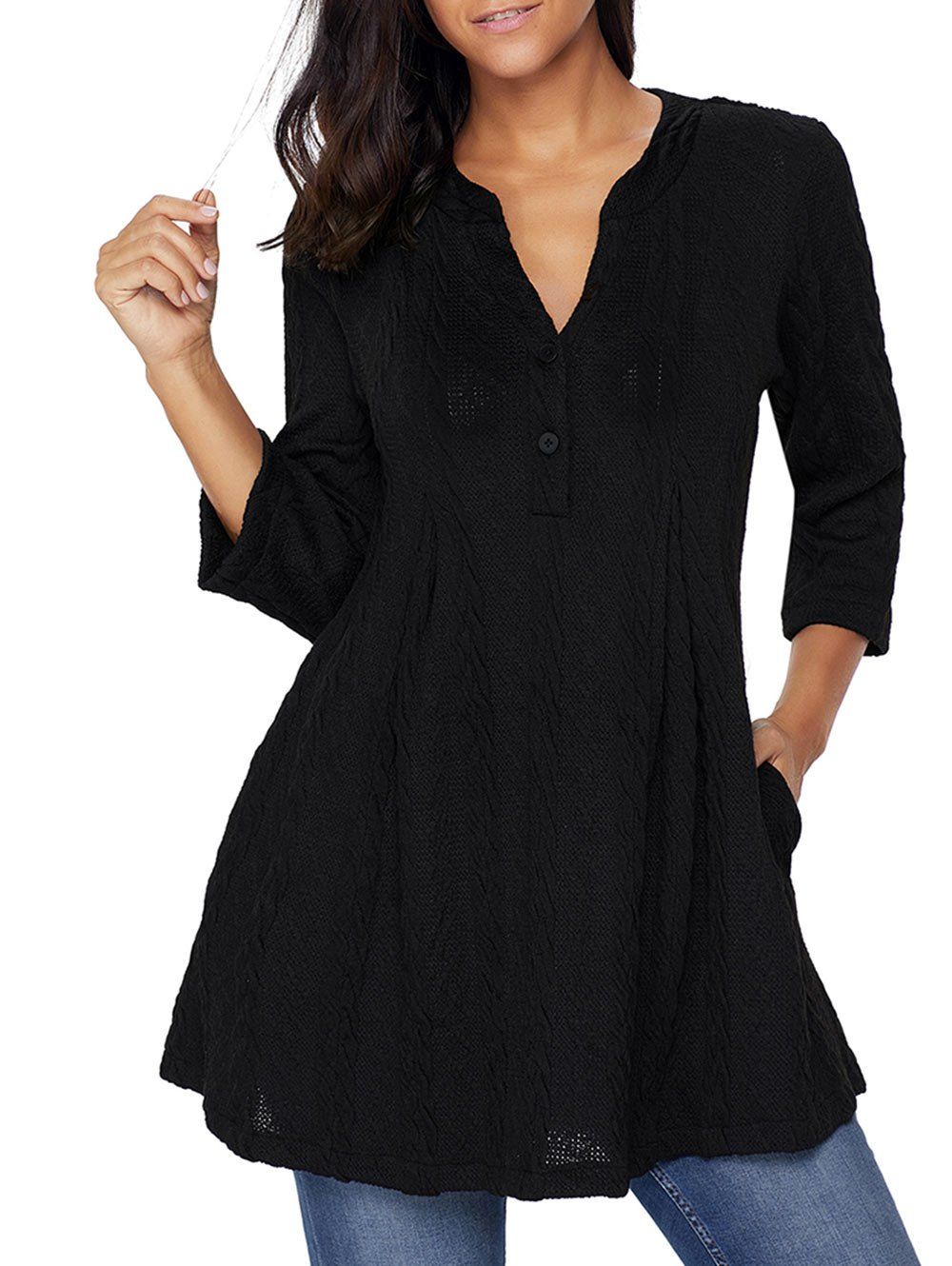 

Cable Knitted V Neck Tunic Sweater, Black
