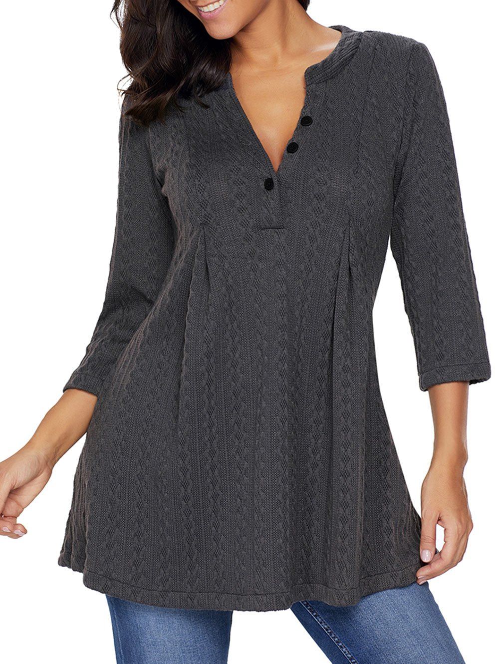 

Cable Knitted V Neck Tunic Sweater, Deep gray